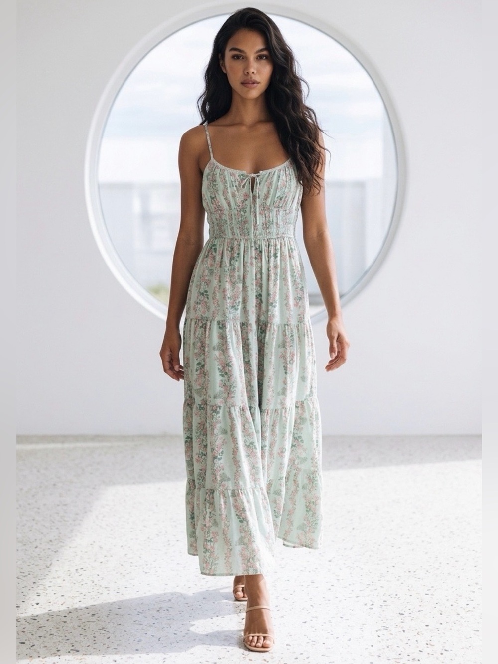 Floral Tiered Maxi Sundress Light Green w/Smocked Bodice & Adjustable straps M&L - Picture 12 of 12
